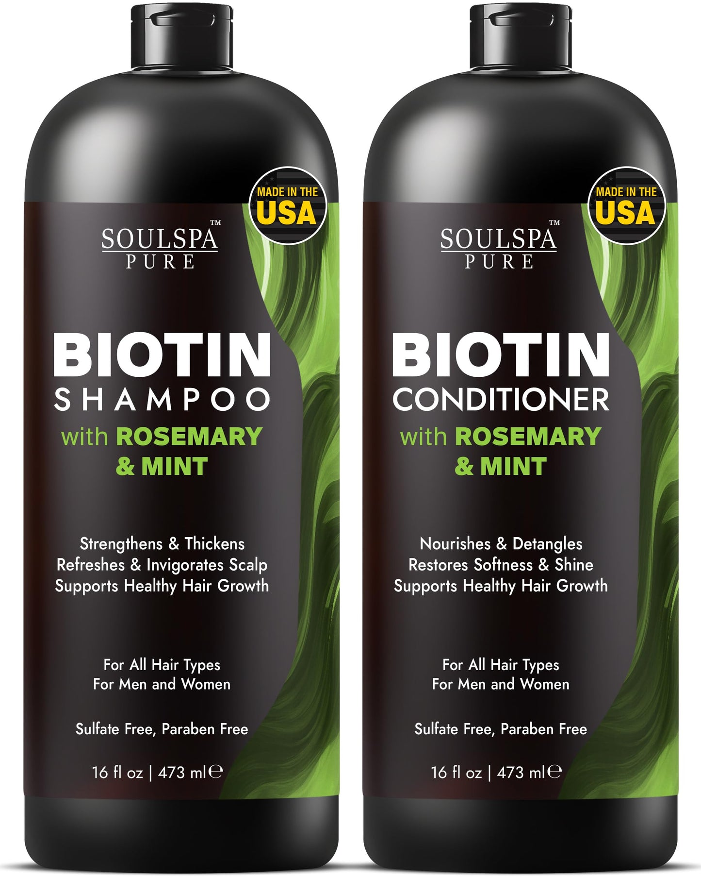 SOULSPA PURE Biotin Rosemary Shampoo and Conditioner Set - Sulfate Free Scalp Care & Hair Strengthening for Thinning, Color-Treated Hair - Rosemary Oil for Men & Women - Made in USA - 16 fl oz Each