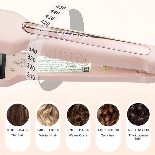 Heysam 2-in-1 Flat Iron Hair Straightener & Curler - Portable Dual Voltage, 1.6-Inch, Fast Heating, Pink