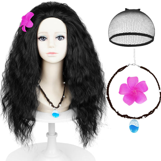 Wiggy Mermaid 50cm Long Black Curly Wig Frizzy Princess Wig with Necklace + Flower-clip for Kids Girls Toddlers Halloween Costume Cosplay