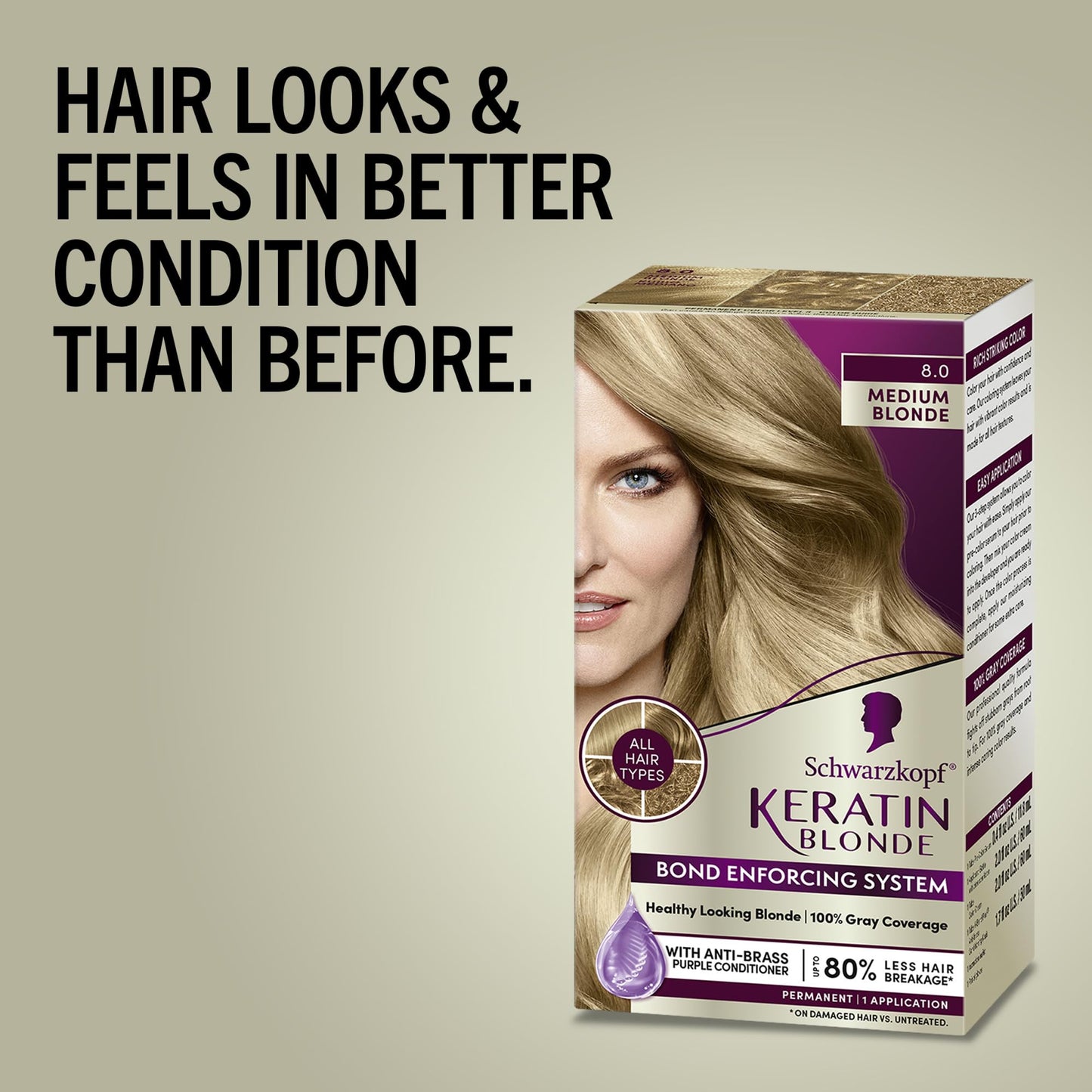 Schwarzkopf Keratin Color Permanent Hair Color, 8.0 Medium Blonde, 1 Application Professionally Inspired Permanent Hair Dye, for up to 80% Less Breakage vs Untreated Hair and up to 100% Gray Coverage