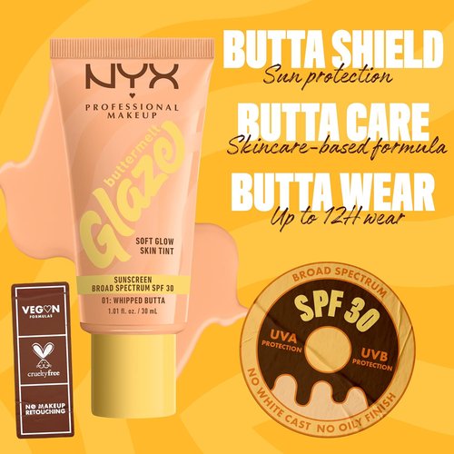 NYX Professional Makeup Buttermelt Glaze Skin Tint - Soft Glow Finish with SPF 30, 12HR Wear, 01 Whipped Butta