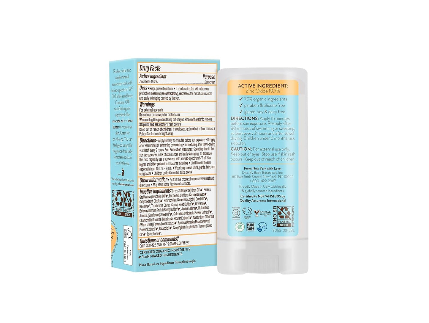 BABO Botanicals Baby Mineral Sunscreen Stick SPF 50 | 70% Organic Ingredients, Zinc Oxide, Fragrance-Free
