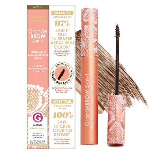 Grande Cosmetics GrandeBROW Tinted Brow Gel & Enhancing Serum - Thicker, Darker Brows, Long-Lasting, with Castor Oil & Mini Fibers