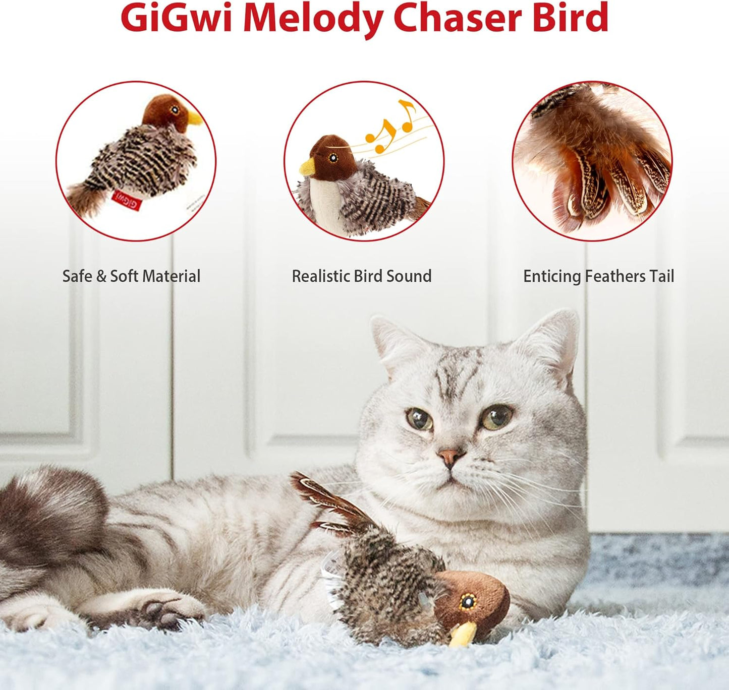 Gigwi Interactive Electronic Cat Toy, Automatic Chirping Bird Toy Squeaky with Feather Tail, Melody Chaser Toy for Cats to Play Alone, Play and Squeak Kitten Toy for Boredom