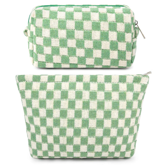 SOIDRAM 2 Pcs Checkered Makeup Bag Large Cosmetic Bag Toiletry Bag Makeup Pouch Travel Bag Organizer Cute Makeup Brushes Aesthetic Accessories Storage Bag for Women Green