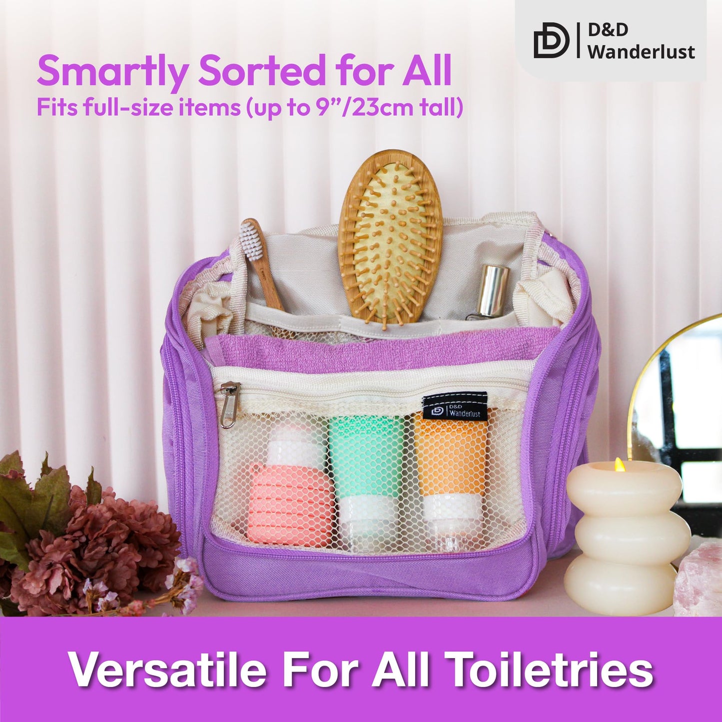 D&D Hanging Travel Toiletry Bag for Men and Women – Cosmetics, Makeup and Toiletries Organizer Kit with 10 Compartments, YKK Zippers, XXL Metal Swivel Hook, Water-Resistant Nylon