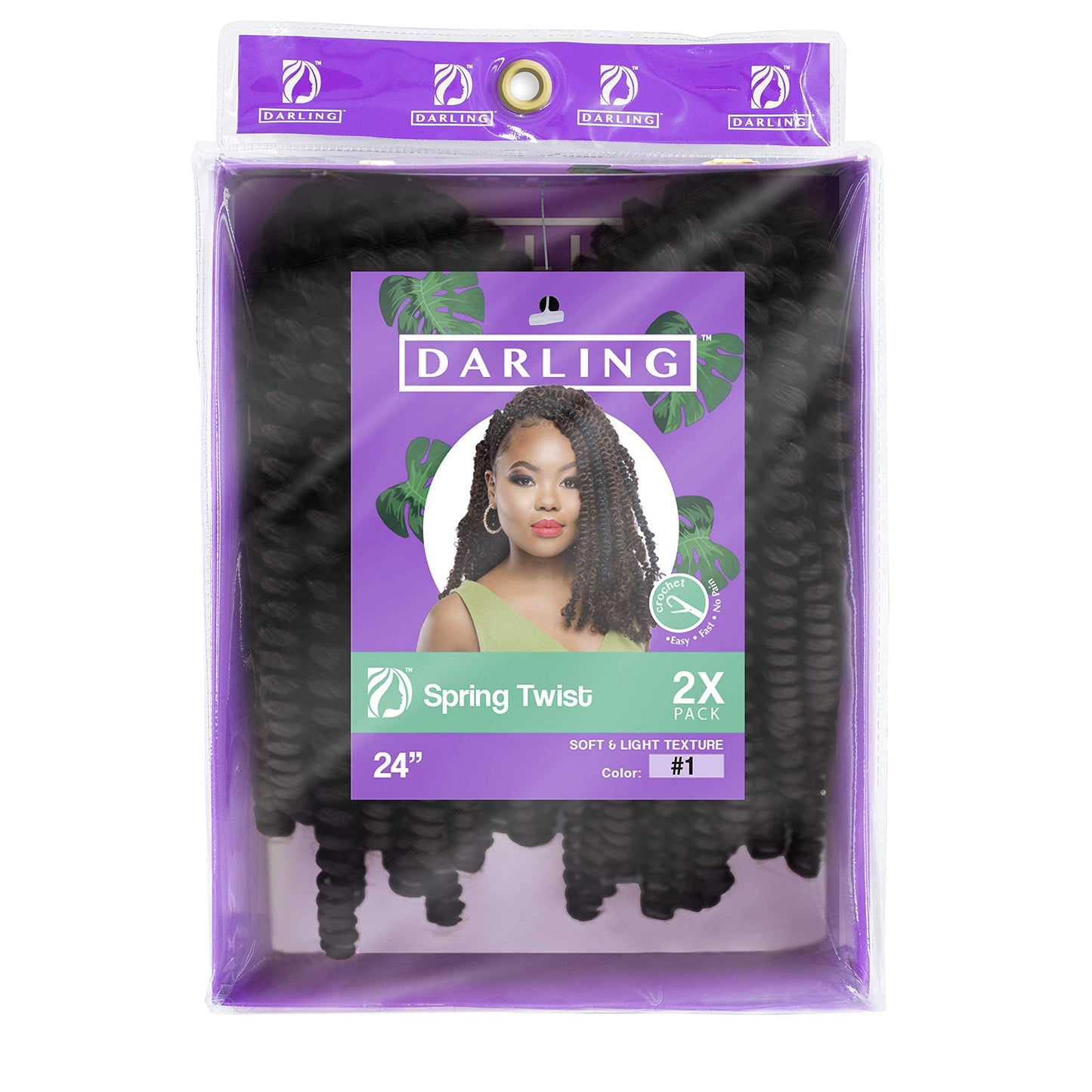 Darling Spring Twist 2X Crochet Hair Extensions (1 Pack, 2 per pack), Bomb Twist, Natural and Soft Texture, Black Afro curly 2X per Pack, 24 Inch, #1