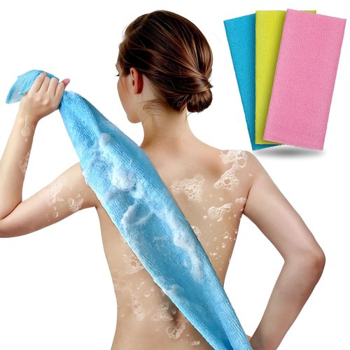 ARCH&M Exfoliating Washcloth Body Scrubber - 35-Inch Japanese & Korean-Style Back Towel | Quick-Dry 3 Pack for Smoother Skin