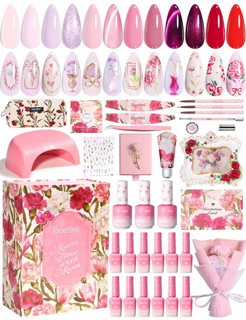 Beetles Mani Time with Mom Mother’s Day Gift Box, 12 Colors Purple Pink Red Cat Eye Gel Nail Polish Kit with U V Light, HEMA Free TPO Free Complete Manicure Kit Shea Butter Hand Cream Gift Box for Mom