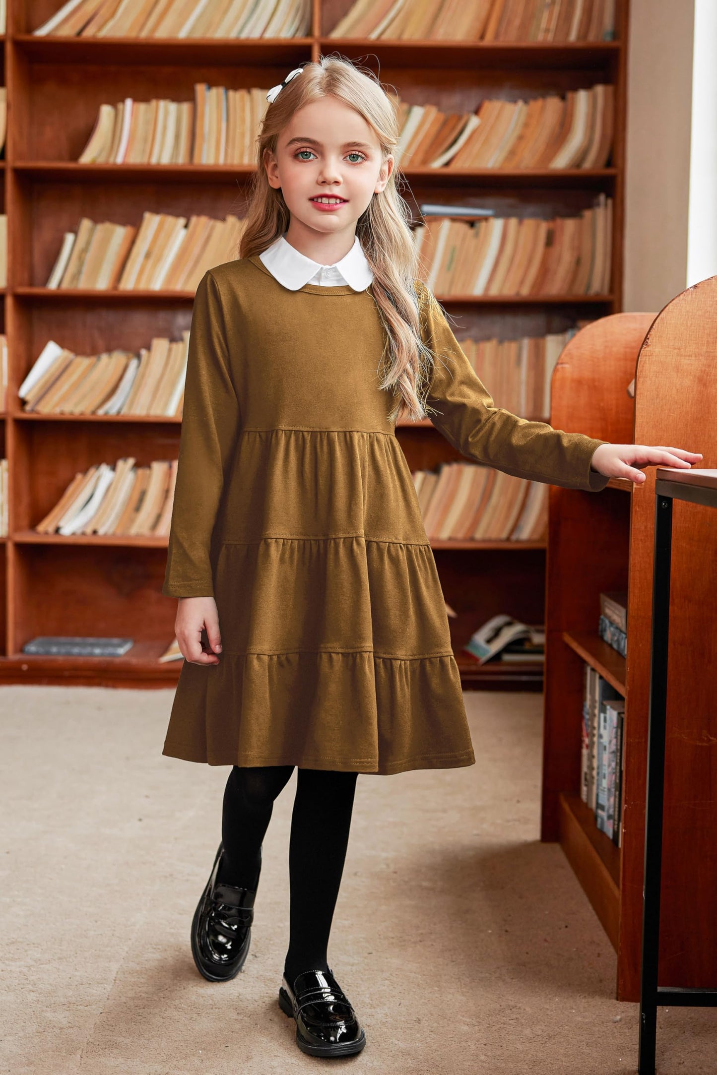 Arshiner Girls Long Sleeve Dress Fall Cotton Crewneck Tiered Ruffle Swing Solid Casual Midi Dresses Brown 6 Years