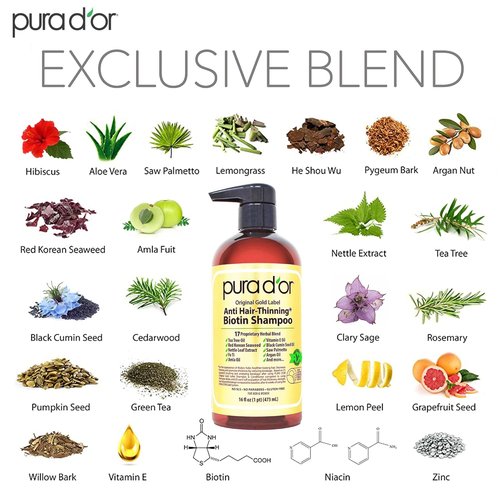 PURA D'OR Original Gold Label Anti-Thinning Shampoo - Clinically Tested Biotin & Argan Oil Formula | Sulfate-Free, 16 fl oz