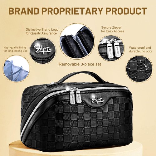 BOYATU Travel Makeup Bag Organizer: 3 Pcs Set Large Capacity Cosmetic Bags Holds 10–20 100ml Full-Size Bottles for 3–15 Day Trips - 180°Open-Flat Make up Case 3-sec touch-up - Toiletry Bag Gift women