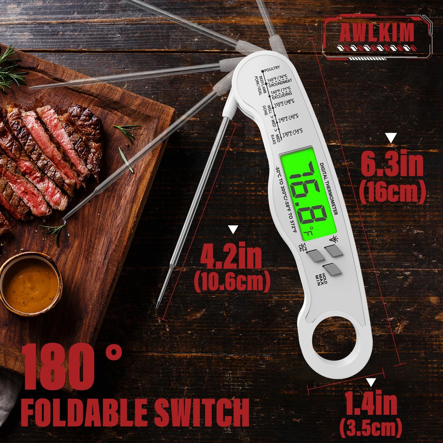 Fast Instant Read Meat Thermometer with Backlight - Waterproof Digital Food Probe for Grilling, Cooking, Baking & Candy Making - Kitchen & BBQ Essential(Black)