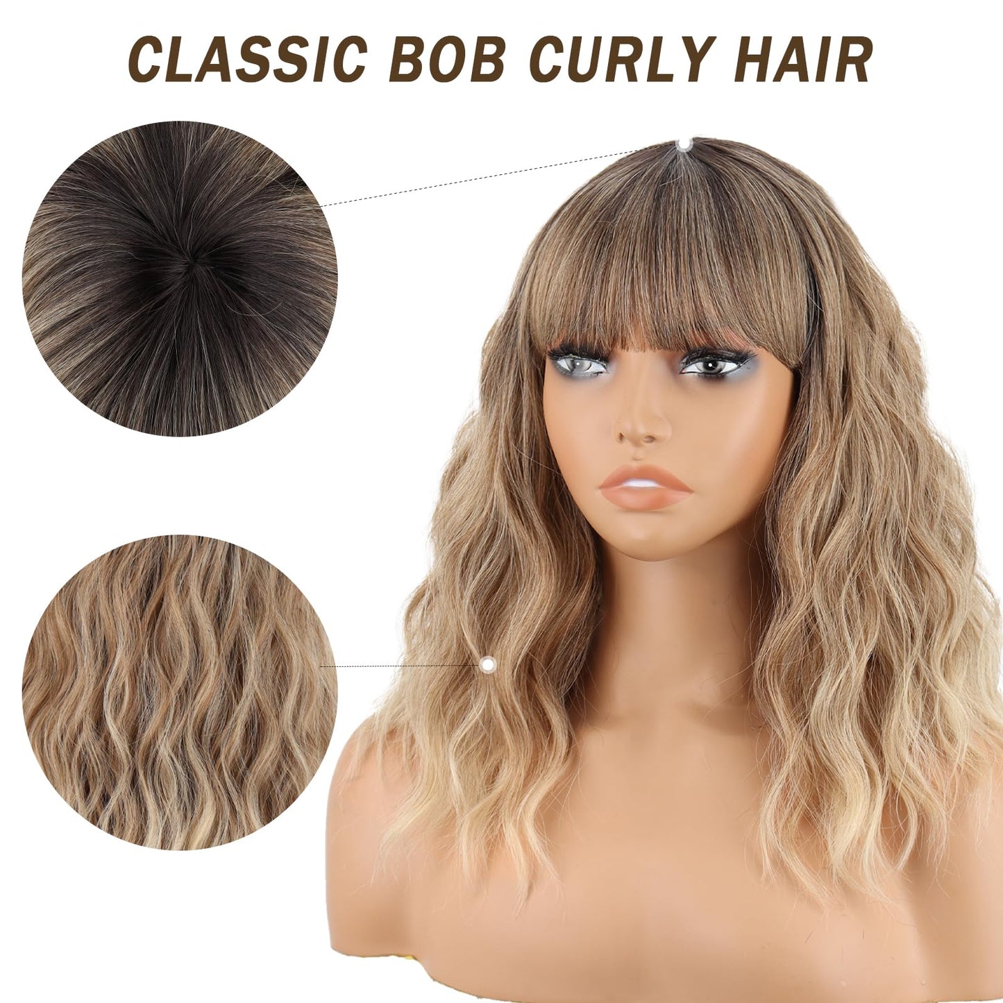 WERD Short Ombre Blonde Wavy Wig for Women Blonde Curly Wavy Bob Wig with Bangs Natural Looking Synthetic Dirty Blonde Wig for Colorful Cosplay