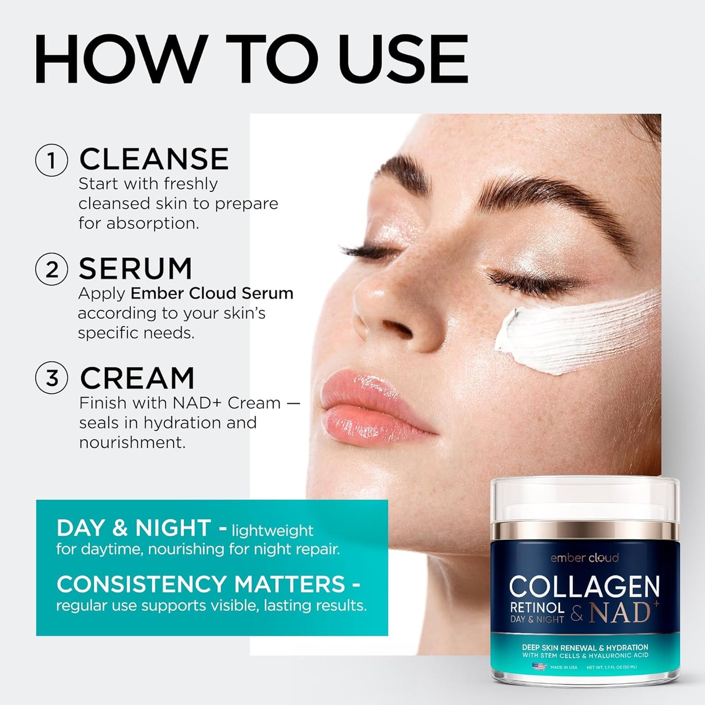 Skiennix Collagen NAD+ Face Cream - Anti-Aging Retinol & Hyaluronic Acid Moisturizer - 1.7 Oz