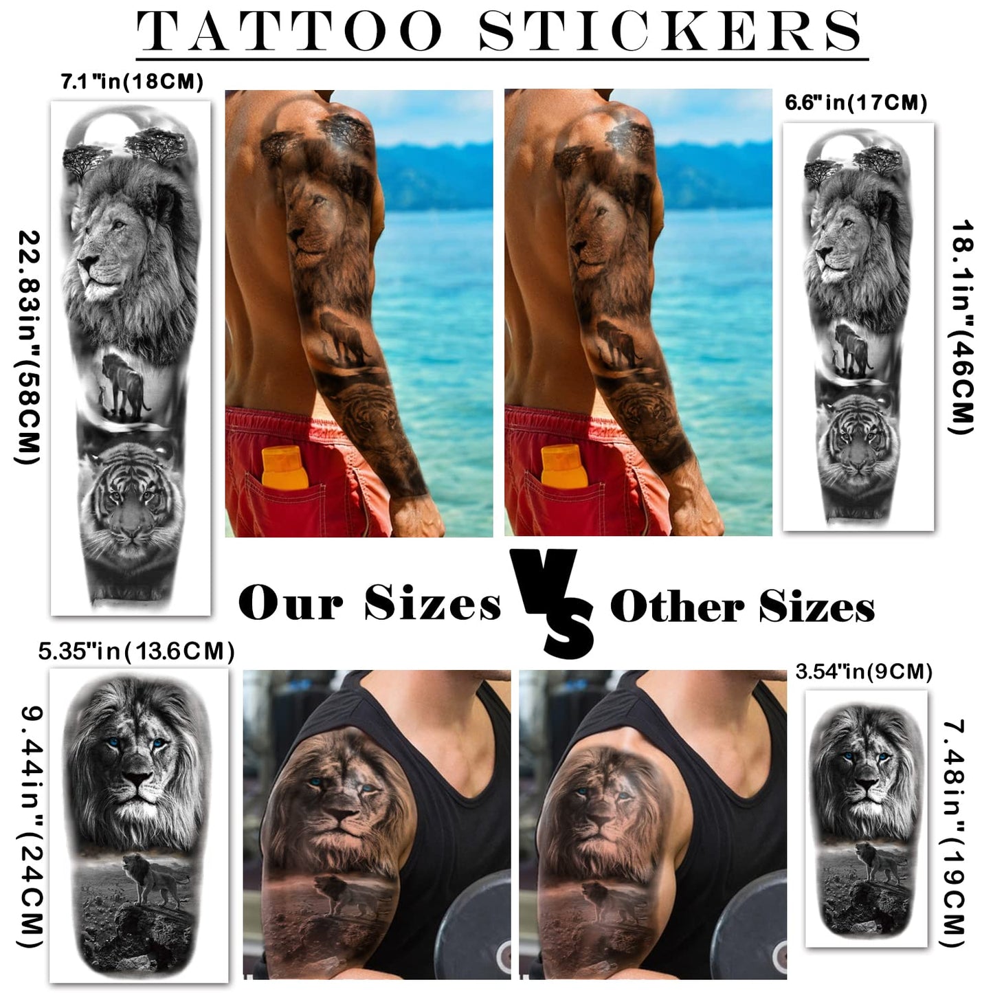 SOOVSY 46 Sheets Temporary Tattoos for Men (22.83"X7.1"), Extra Large Full Arm Temporary Tattoos Sleeve for Women, Lion Tiger Snake Wolf Waterproof Realistic Animal Fake Tattoo Stickers for Boys