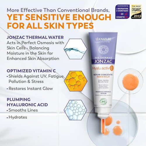 Eau Thermale Jonzac Organic Hyalu Activ C Serum - Stable Vitamin C & Hyaluronic Acid for Brighter, Plumped Skin | 1.01 Fl Oz