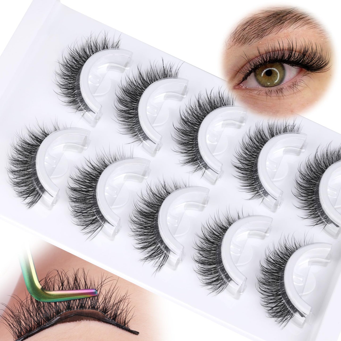 Natural Self Adhesive Lashes Cat Eye Lashes Wispy Self Adhesive Eyelashes No Glue Needed D Curl Reusable Fluffy Strip Lashes without Eyeliner Cat Eye False Eyelashes Natural Look 5 Pairs by Zegaine