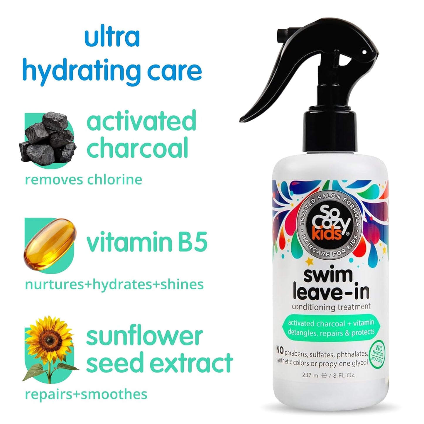 SoCozy Swim Leave-In Conditioner Spray - Protect & Repair Kids' Hair | 8 Fl Oz, Gentle Formula with Charcoal & Vitamin B5