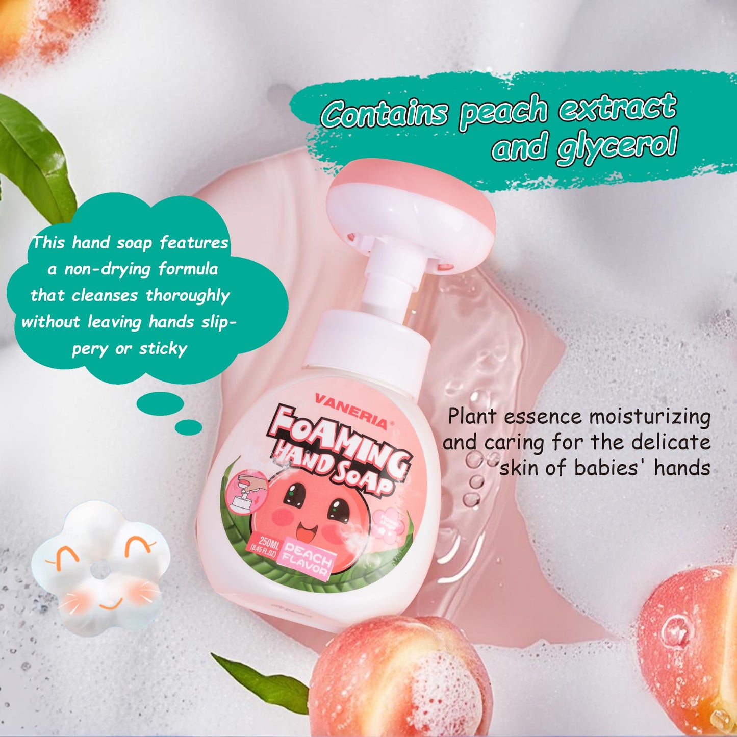 VANERIA Kids Foaming Hand Soap,Flower Stamp,Moisturizing and Gentle Hand Soap for Baby,Kids and Adults with Sensitive Skin 250ml/8.45 Fl Oz