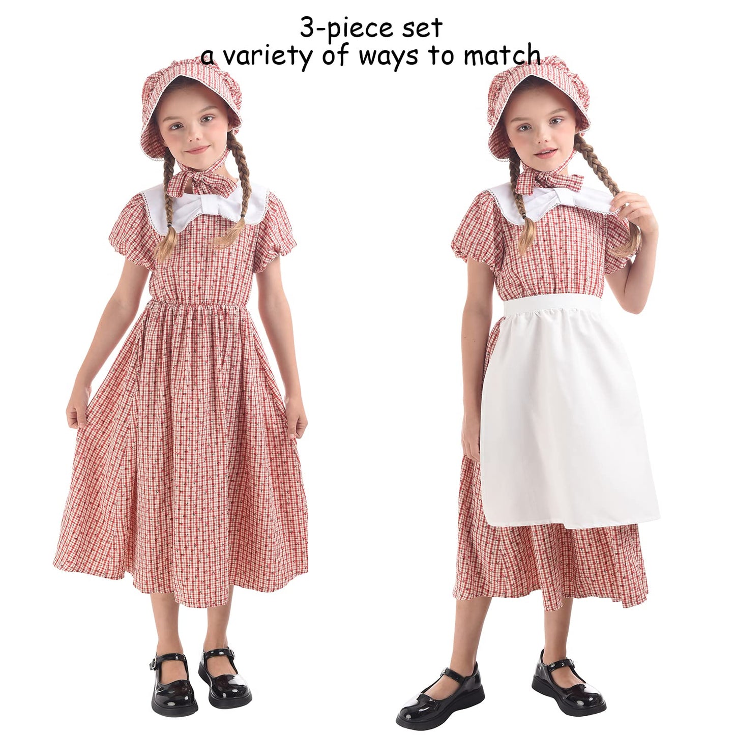 LTAKK Prairie Dresses Girls Pioneer Colonial Costume Girl Pilgrim Dress with Apron and Bonnet, Red Plaid Floral, XXL