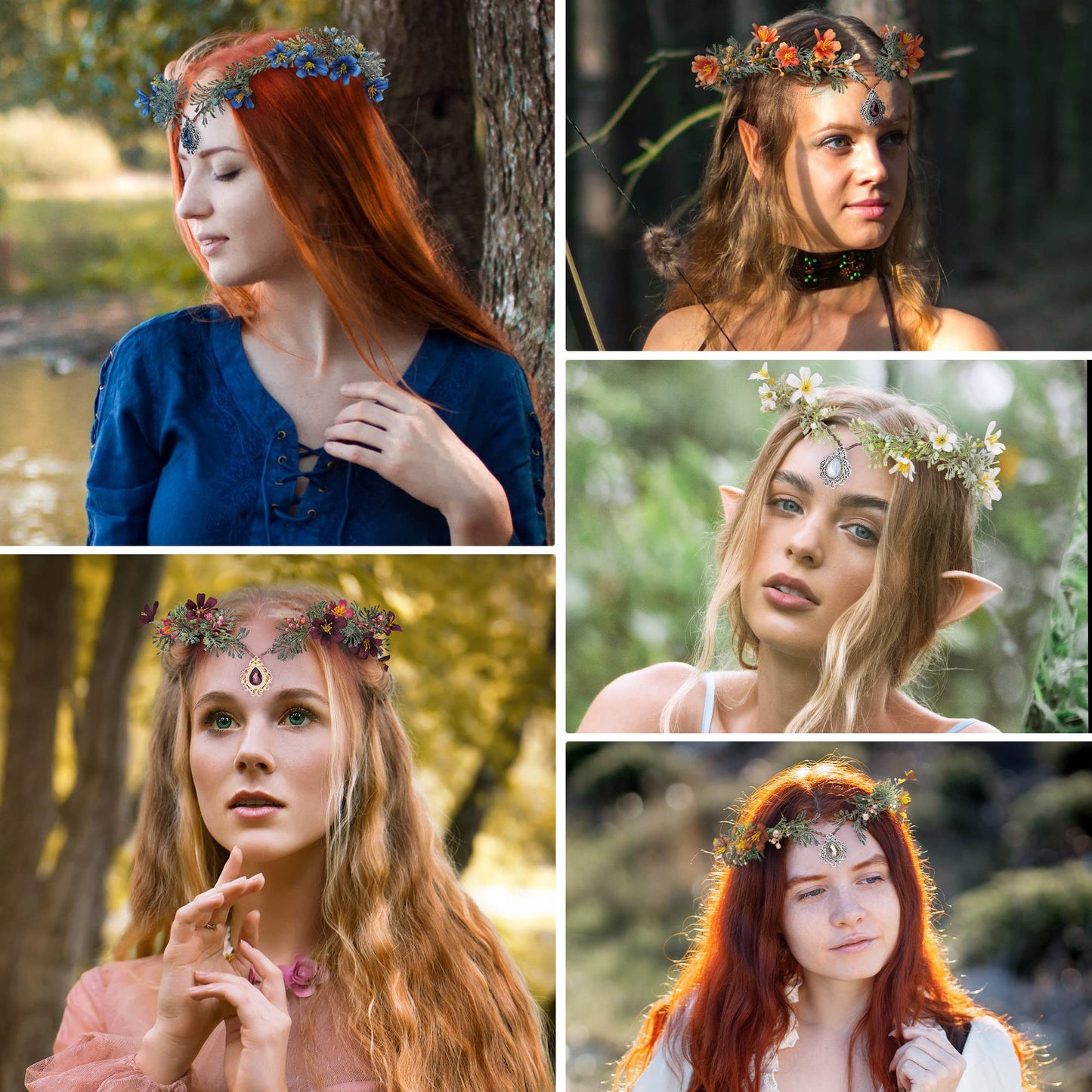 MOSTORY Handmade Elf Flower Crown - Woodland Fairy Headpiece Forest Floral Circlet Elven Wreath for Women Girls Cosplay Halloween Renaissance Christmas Party Photo Shoot