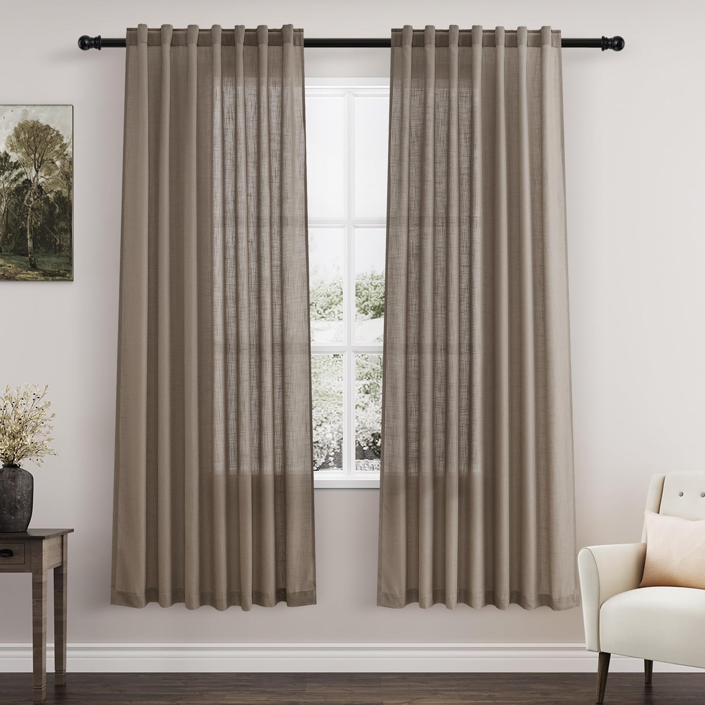 Nanspring Natural Linen Curtains for Kitchen Windows Over Sink - Cafe Curtain Semi Sheer with Rod Pocket and Back Tab Lightweight Rustic Textured Bistro Curtains for Bathroom, 2 Panels 25 x 24 Inch