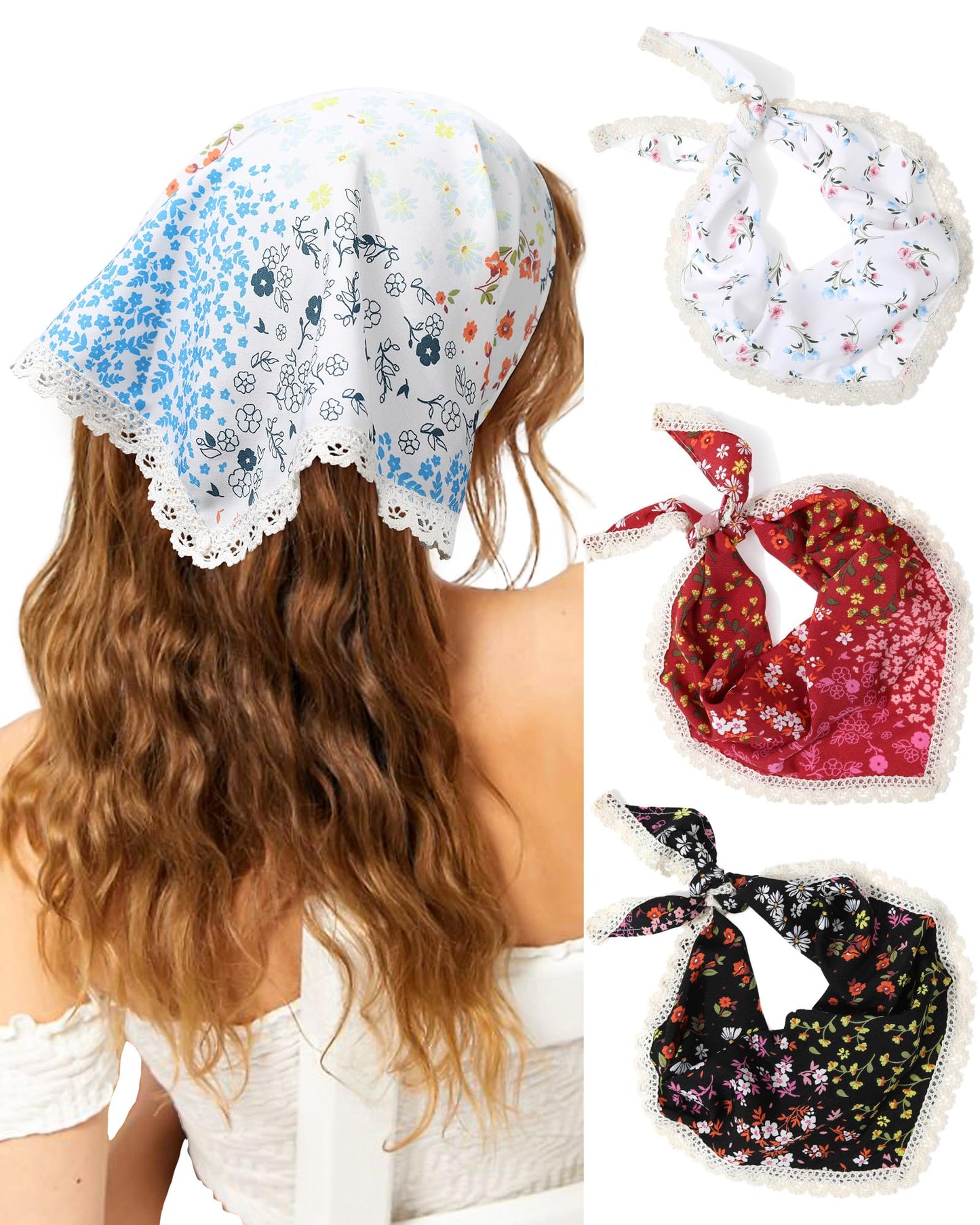 Molans 3Pcs Floral Head Scarf, Chiffon Hair Bandanas Kerchief, Vintage Boho Hair Scarf for Women Girls