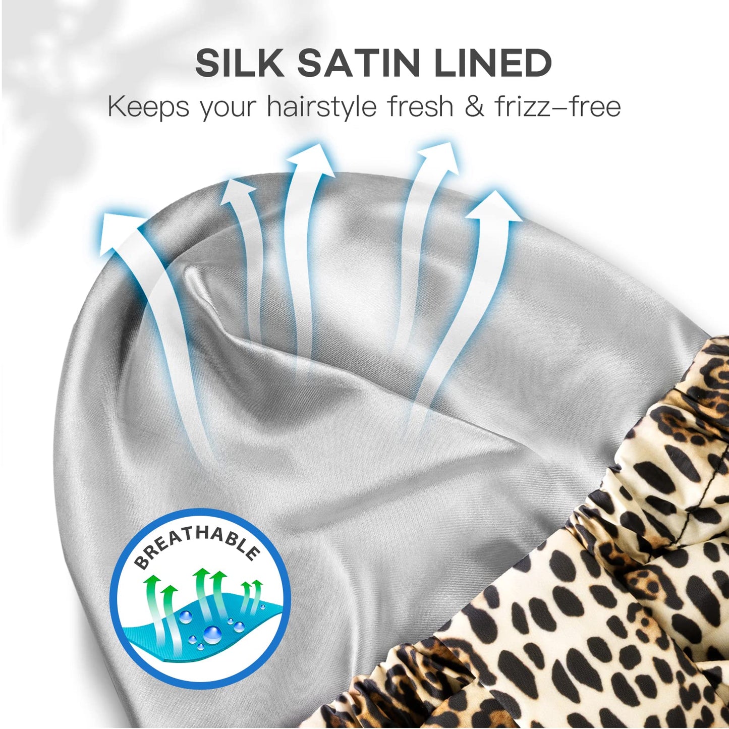 INNELO Luxury Shower Cap for Women Reusable Waterproof, Double Layered Shower Hair Cap with Adjustable Elastic Strap, Large Satin Lined Shower Bath Cap for Long Curly Straight Hair, Leopard