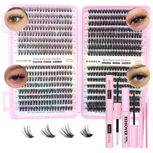 DAODER Wispy Lash Extension Kit 640Pcs Cluster Lashes Natural Look, Short Lash Clusters Kit 9-13mm 30D 40D 50D 60D D Curl Individual Lashes Kit with Lash Bond Seal Remover (30D+40D+50D+60D Kit 9-13mm)