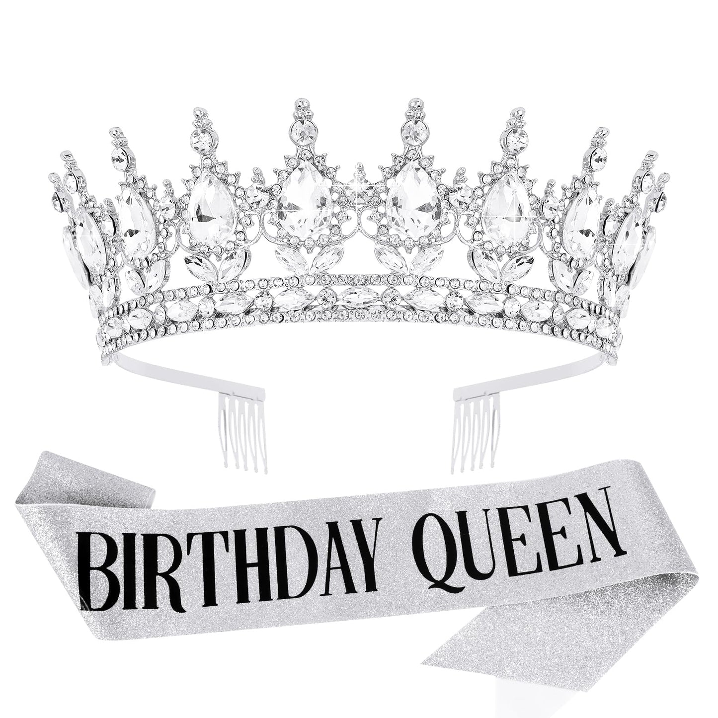 Vovii Birthday Crown & Sash Set for Women, Sliver Rhinestone Tiara & Birthday Queen Sash for Women Birthday Decorations, Happy Birthday Party Decorations for Birthday Crown Adult Woman