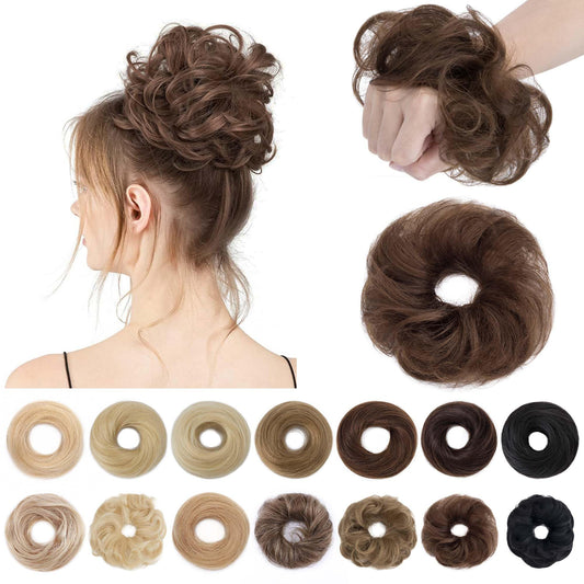 SEGO Human Hair Messy Bun Hair Piece Scrunchies Real Human Hair Wavy Curly Tousled Updo Hairpieces Donut Chignon Ponytail Extensions for Women Girls/Medium Brown