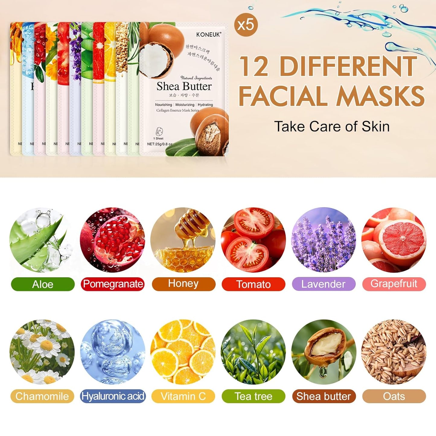 Skiennix Collagen Essence Face Masks - Hydrating Sheet Masks for Dry & Sensitive Skin | 60 Pack