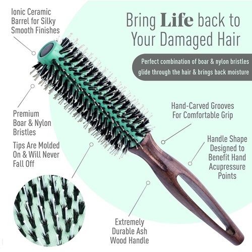 MINT Eco-Friendly Boar Bristle Round Brush - Durable Blowout Styling for All Hair Types | 20 mm Ceramic Handle