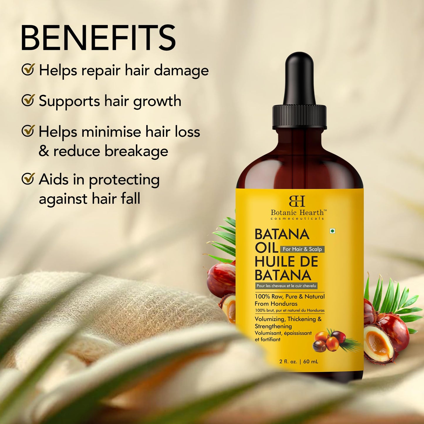 Botanic Hearth Raw Batana Oil for Hair Growth (2 fl oz) | 100% Pure & Unrefined Oil from Honduras | Promotes Thicker, Stronger Hair