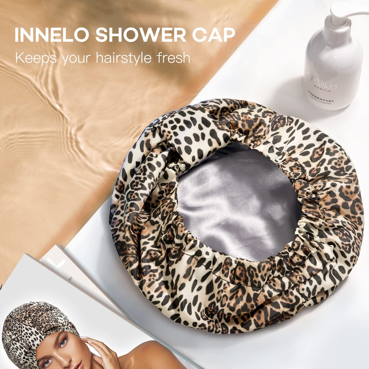 INNELO Luxury Shower Cap for Women Reusable Waterproof, Double Layered Shower Hair Cap with Adjustable Elastic Strap, Large Satin Lined Shower Bath Cap for Long Curly Straight Hair, Leopard