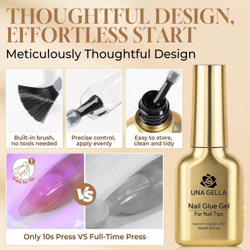 UNA GELLA 6 in 1 Gel Nail Glue for Nails Tips 10ml Long Lasting U V Nail Glue Super Strong Brush On Glue for Base Blooming Gel for Clear False Nail Tips and Press on Acrylic Nails Need Light Cured