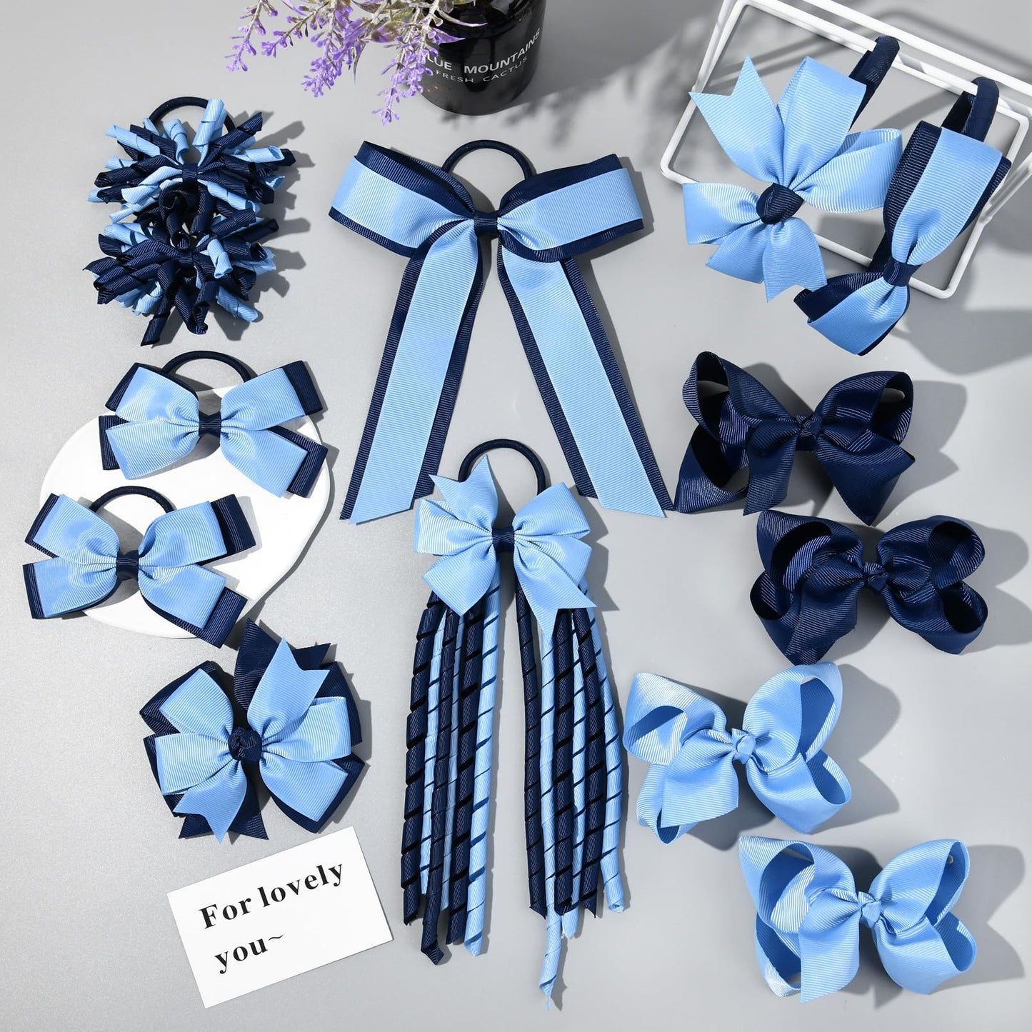 DEEKA Light Blue & Navy School Hair Accessories Set 13 Pcs Uniform Hair Bow Headband Clips Hair Ties Curly Korker Bows for Little Toddler School Girls (Light Blue&Navy)