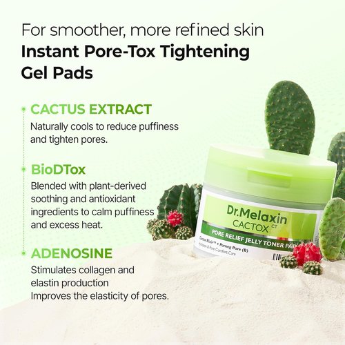 Dr. Melaxin Cactox Pore Relief Jelly Toner Pads - Cooling & De-Puffing Exfoliating Pads, 60 Count
