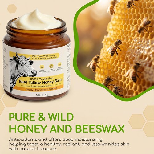Beef Tallow | Whipped Tallow and Honey Balm Cream - 100% Grass-Fed Face Moisturizer, Unscented 4.2 OZ