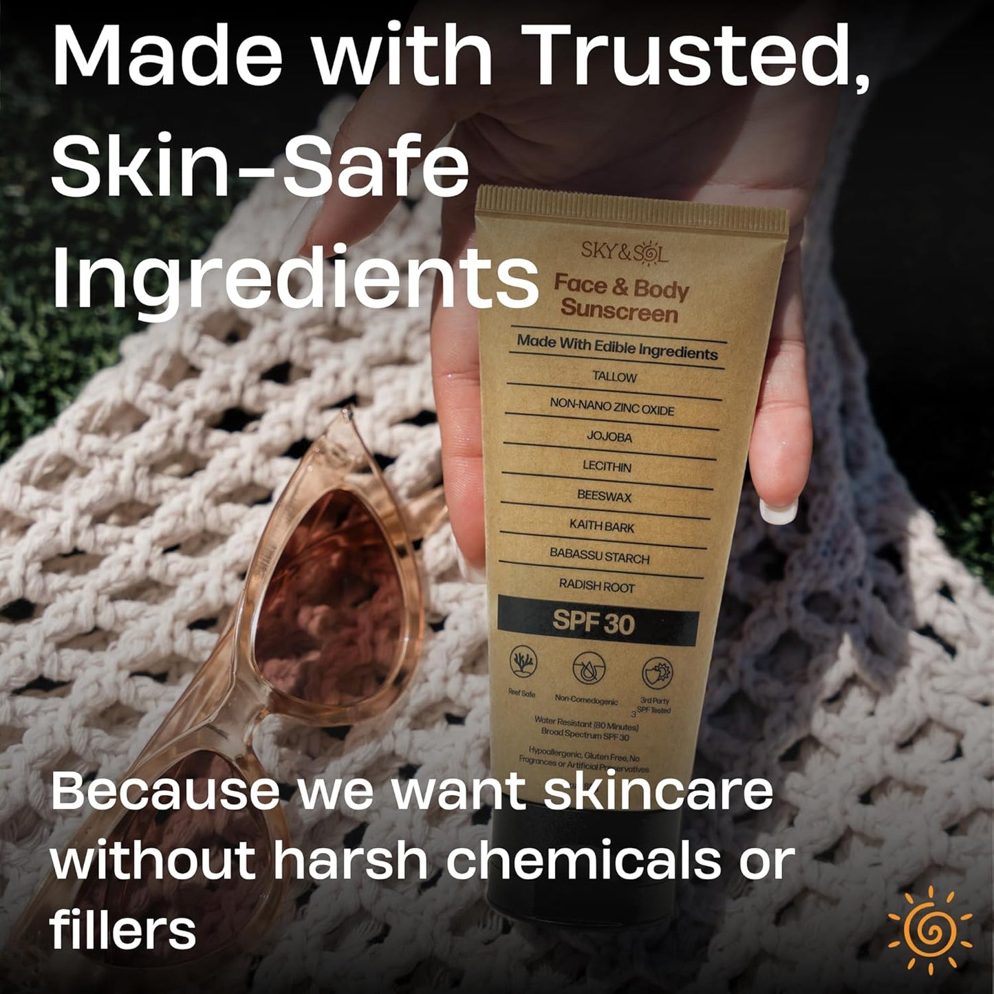 Sky and Sol Natural Mineral Sunscreen SPF 30 - Reef Safe, Water Resistant, Fragrance-Free, 3 oz
