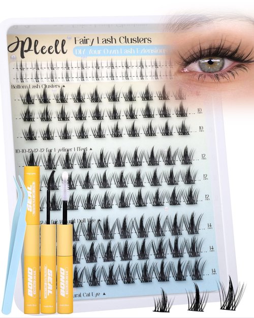 Fairy Lash Clusters Kit Wispy Eyelashes 10/12/14mm Natural Eyelash Extensions Kit Airy Cute Cluster Lashes with Bottom Lashes Manga eyelash Clusters Kit with Lash Bond and Seal, Tweezers by Pleell