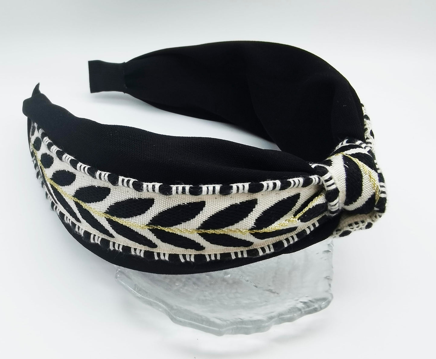 OUTVIE Boho Knotted Black Headband with Handmade Lace Embroidery Leaves Metal Headband for Girls Womens