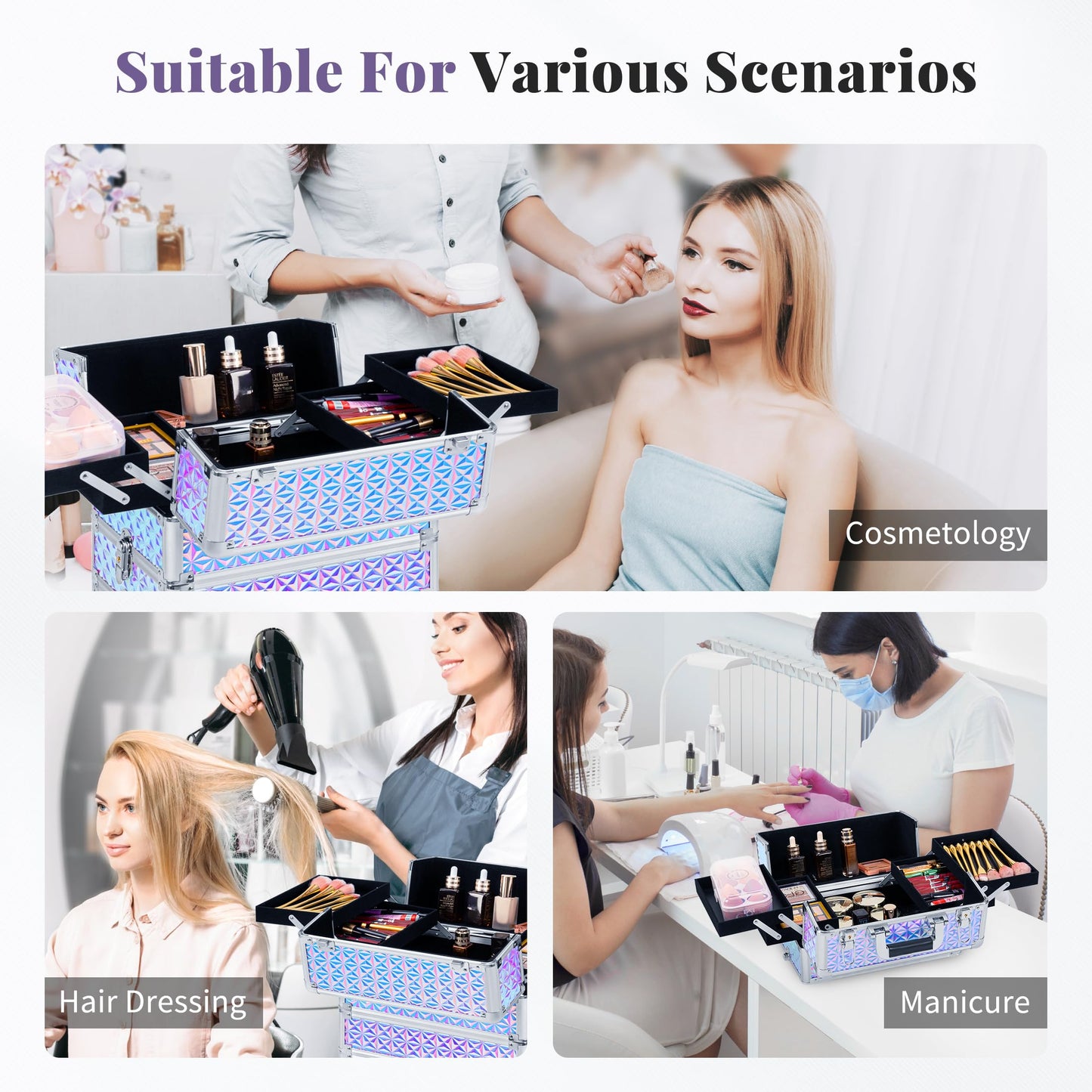 JINGUAN Rolling Makeup Train Case Large Storage Cosmetic Trolley 5 in 1 Large Capacity Trolley Makeup Travel Case with Key Swivel Wheels Salon Barber Case Traveling Cart Trunk, Silver