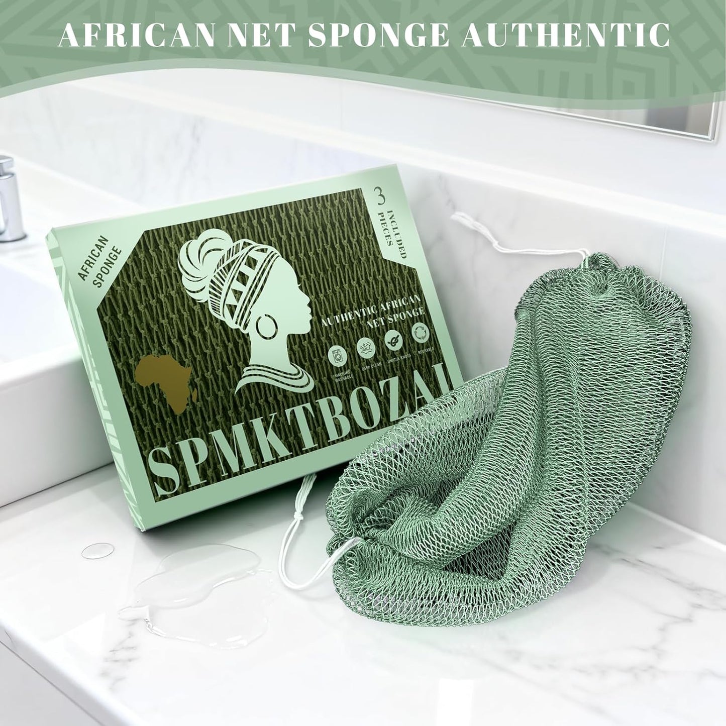 SPMKTBOZAI African Net Sponge - Authentic 3 Pack Shower Loofah | Gentle Exfoliation for Daily Body Care
