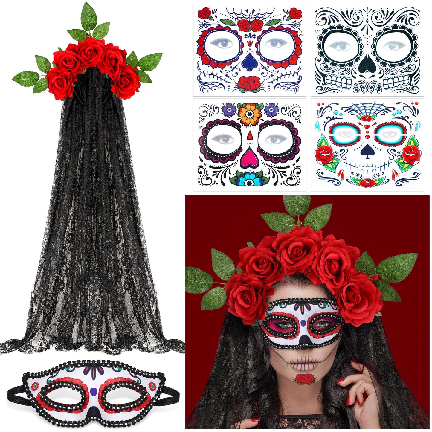 6 Pieces Day of the Dead Costumes for Women Halloween Crown Rose Floral Veil Headband Headpiece with Halloween Skull Face Temporary Tattoo Masquerade Mask for Costume Party (Red)