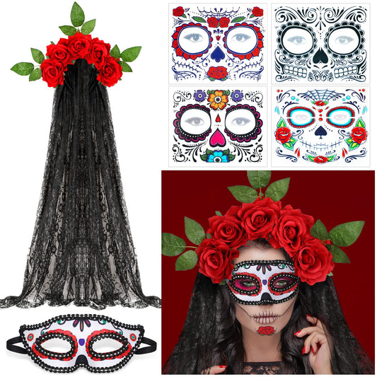 6 Pieces Day of the Dead Costumes for Women Halloween Crown Rose Floral Veil Headband Headpiece with Halloween Skull Face Temporary Tattoo Masquerade Mask for Costume Party (Red)