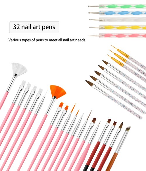 Professional 32PCS Nail Art Brush Set - Premium Nylon Bristle Dotting Pens, Striping Liner Brushes, Detailing Tools & Dust Cleaner for Salon & DIY Manicure