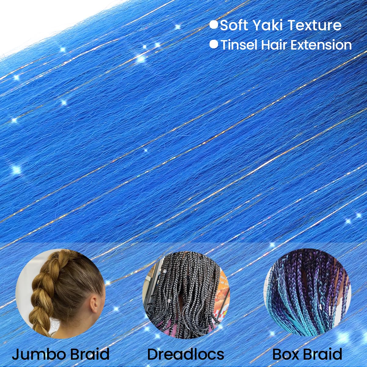 Easy Braid Pre stretched Braiding Hair 28 Inch 3 Packs Jumbo Braiding Hair Synthetic Braiding Hair Extension Twist Braid wigs Hot Water Setting Hair (Blue-Mixed Tinsel)