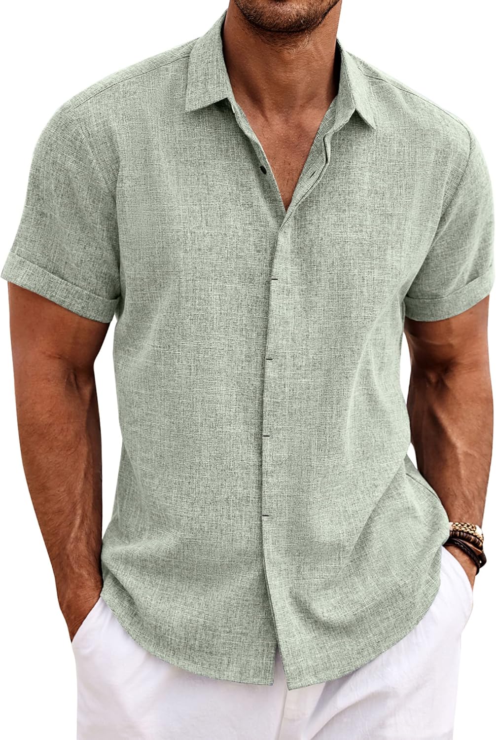 COOFANDY Men's Linen Short Sleeve Shirt - Casual Button Down for Beach & Summer Weddings